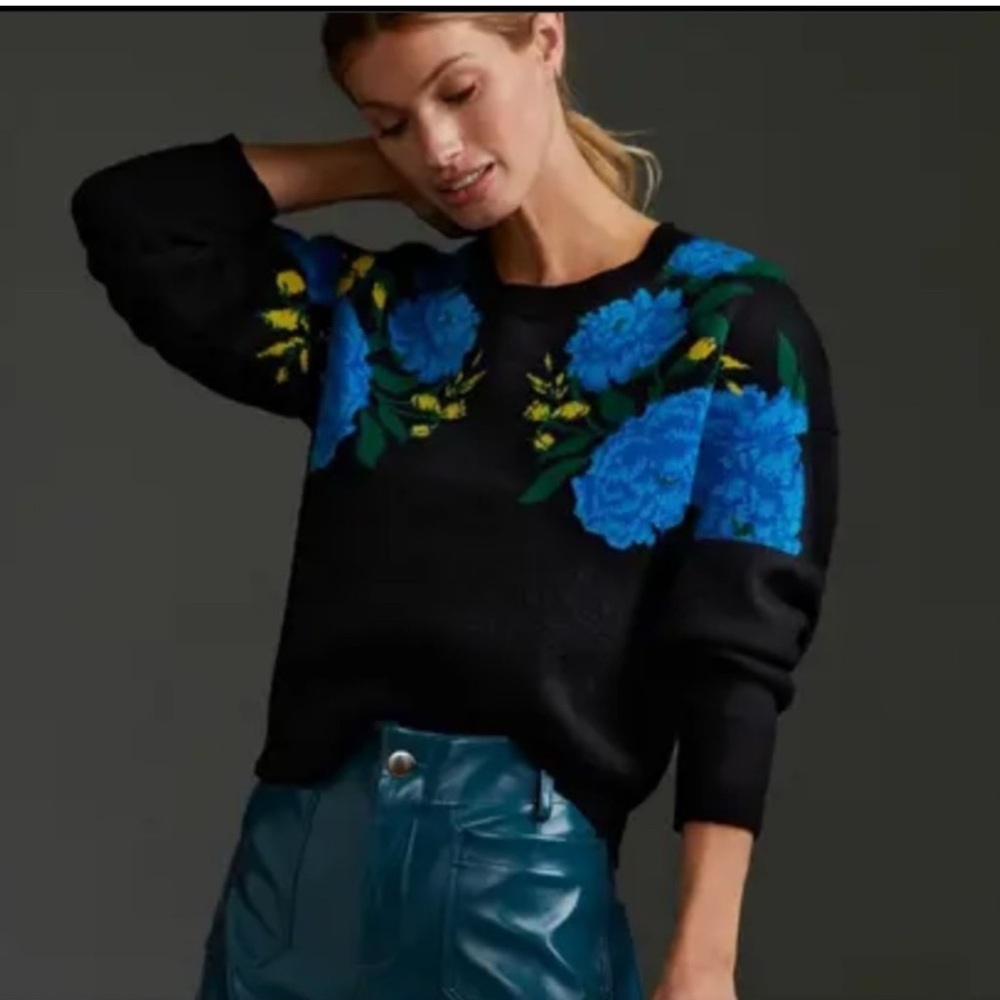 Anthropologie Maeve Black Sweater with Blue Floral Design